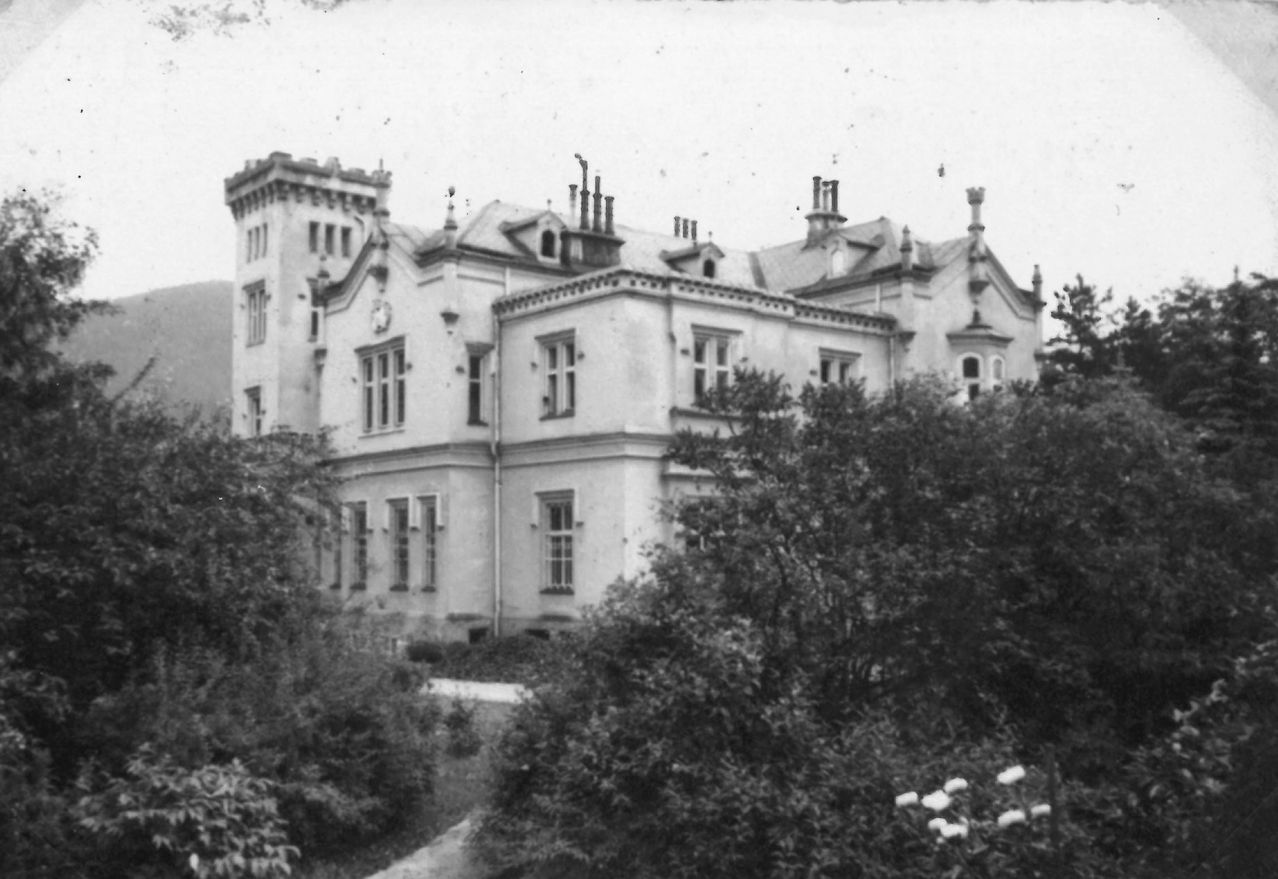A black and white photo of a large, historical mansion surrounded by dense greenery. The mansion has many windows, decorative chimneys, and a clock on the facade.