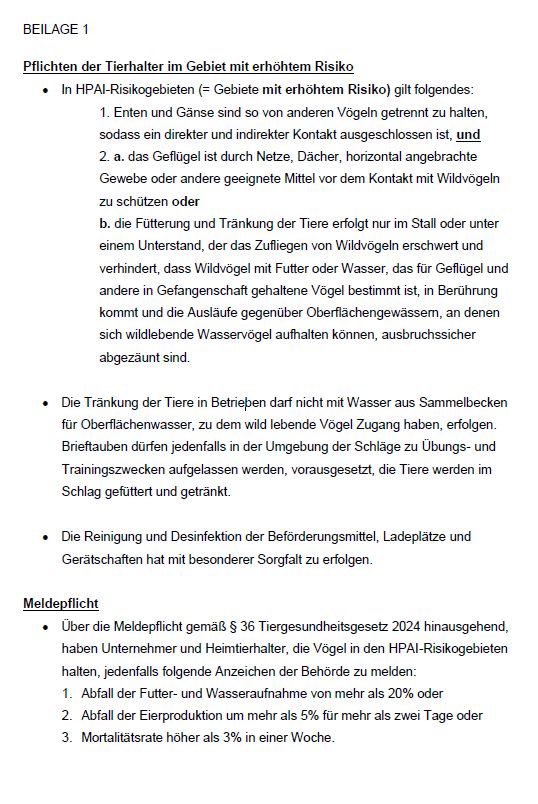 Responsibilities of animal owners in high-risk areas: 1. Separate ducks and geese from other birds to prevent contact. 2. Protect birds with nets or covered areas. 3. Feed and water animals in enclosed spaces to avoid contact with wild birds. 4. Disinfect and clean equipment and surfaces. 5. Report any drop in feed and water intake or egg production. 6. Report mortality rates above 3% in a week.