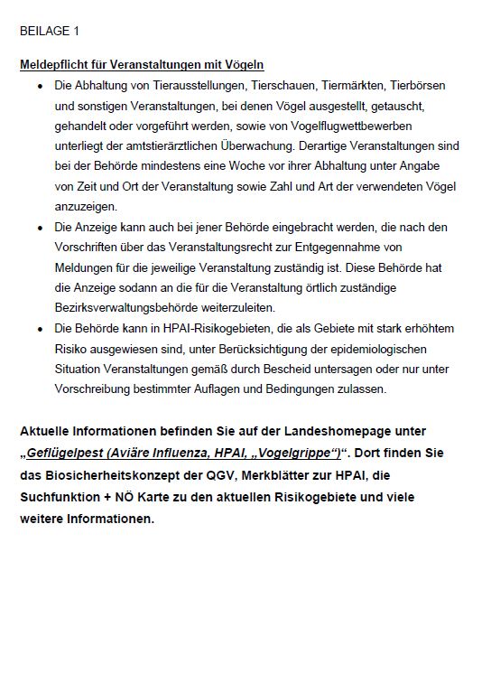 A document with a title 'Attachment 1' includes a list of regulations for events with birds. The regulations include a notification requirement for events with birds. The document also provides a link to the homepage for further information.
