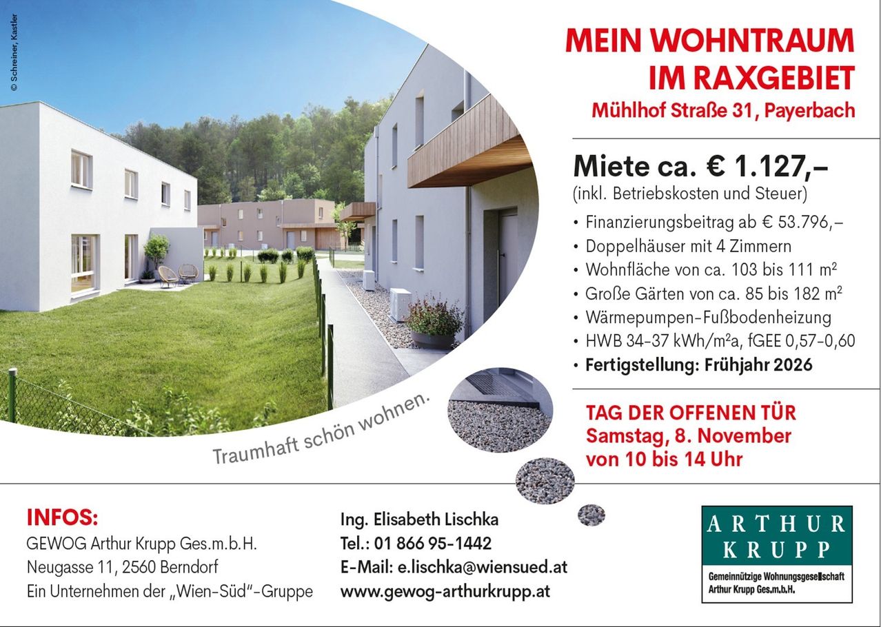 An advertisement for apartment living at Mühlhof Straße 31, featuring a rental price of approximately €1, including operating costs. The complex includes double houses with 4 rooms, approximately 103 square meters of living space, and large gardens. Energy pumps provide heating, and the heating requirement is 34-37 kWh/m2a. Availability: Summer. Open house on Saturday, November 8, from 10 to 2 PM.