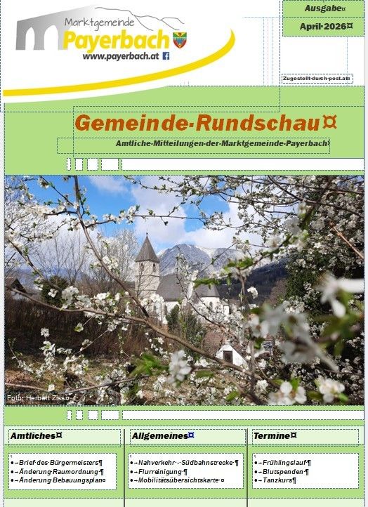 An April 2026 publication from Payerbach, featuring a community newsletter with images of a church and mountains. The image includes a menu with options such as "Amtliches", "Allgemeines", and "Termine".