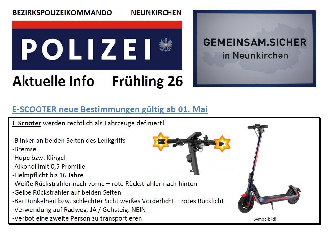 The image displays new regulations for electric scooters in Neunkirchen starting May 1. It shows a scooter with a symbol and regulations, including bell, reflectors, and visibility lights. Scooters cannot carry another person and should not be driven on roads.
