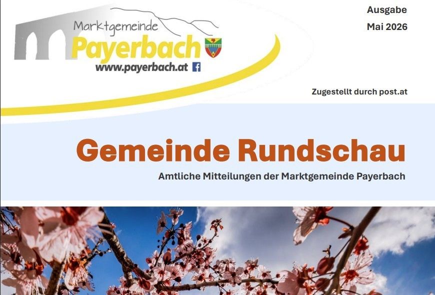 Official announcement from the Municipality of Payerbach. The image shows a spring scene with cherry blossoms and a blue sky.