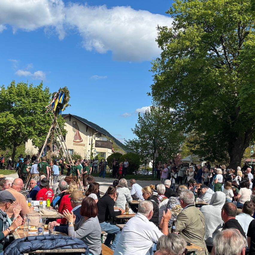 A large crowd of people sit at tables outdoors, with trees and a building in the background. A flag is attached to a tall structure.