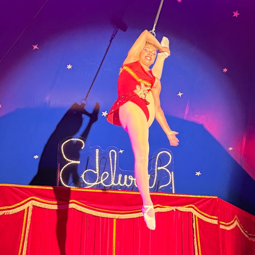 Eine Frau in einem roten Kostüm führt eine Trapeznummer vor, beleuchtet von Scheinwerfern. Sie hält sich mit Händen und Füßen an der Stange fest und hält eine weiße Ballettschuh. Der Hintergrund ist blau mit Sternen und einem Schild mit der Aufschrift 'Edelweiss'.