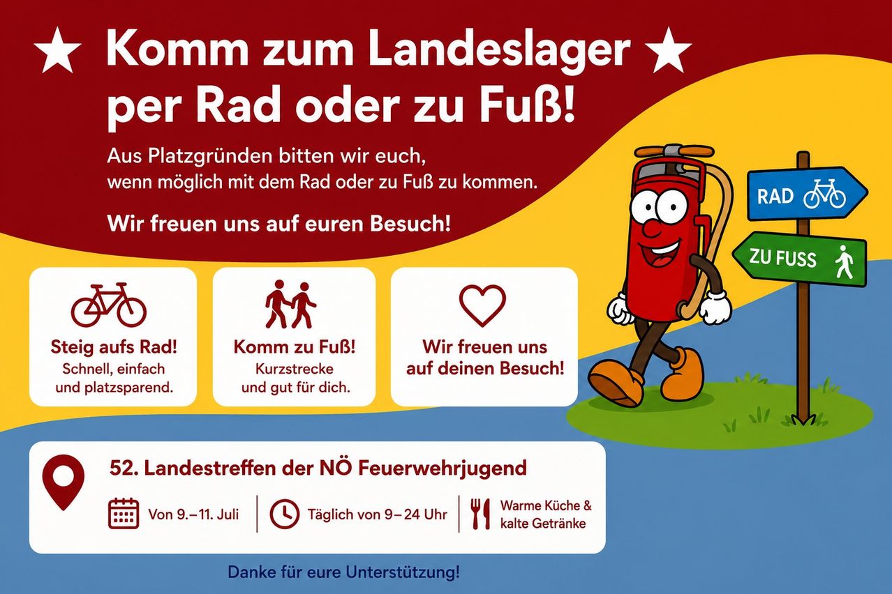 Poster for a local event encouraging people to visit with a cartoon character. It includes icons for walking, a heart, and a fire extinguisher. The text invites people to come by bike or on foot and offers warm food and cold drinks.