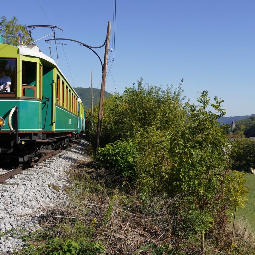 Ein grüner Zug mit der Nummer 1 auf der Vorderseite fährt auf einer Eisenbahnstrecke.