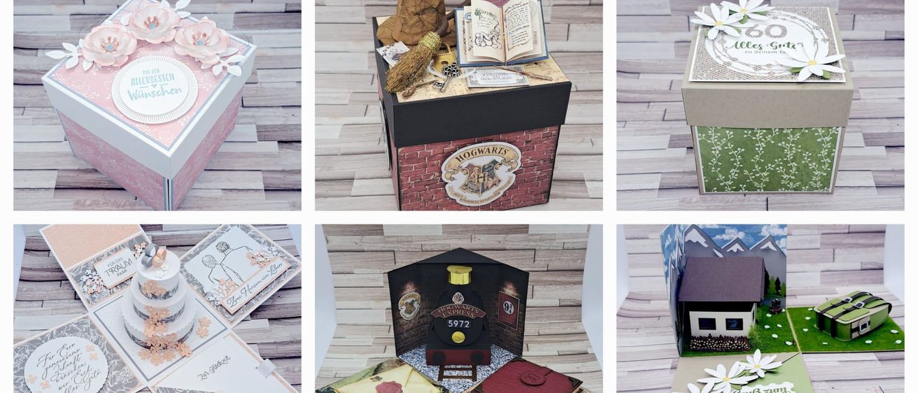 Eine Collage aus vier Bildern mit verschiedenen thematischen Boxen, einschließlich einer Hogwarts-Box mit Besen, Buch und Schlüssel, und einer Box mit Blumen- und Buchstabendesign.