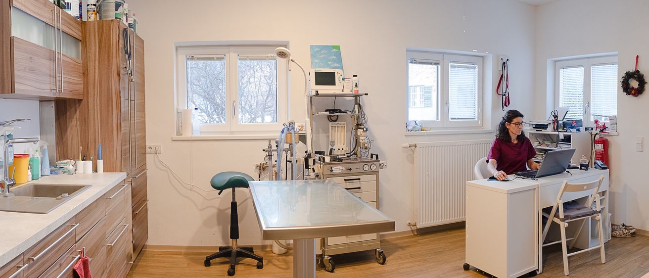 Ein Arztzimmer mit einem Glastisch, einem grünen Stuhl und medizinischen Geräten. Es gibt ein Fenster mit Bäumen draußen.