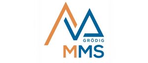 Das Bild zeigt ein Logo für Grodig MMS. Das Logo besteht aus einem stilisierten 'V' in Blau mit einem kleineren blauen Dreieck im Inneren. Darunter steht der Text 'GRODIG' in Blau, gefolgt von 'MMS' in Blau und Orange. Der Hintergrund ist weiß.