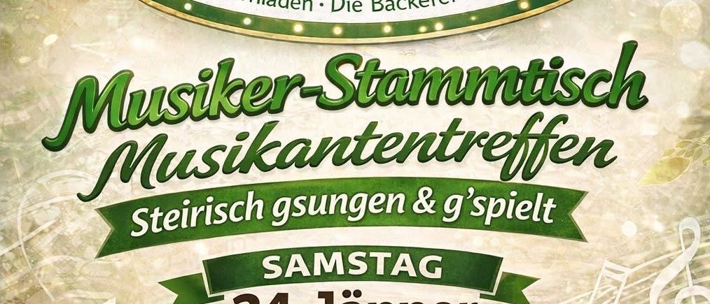 Poster für Musikertreffen mit Gitarren, Trompete, Akkordeon, Bierkrug und Noten. Es heißt 'Musiker-Stammtisch' und 'Steirisch gesungen & g'spielt'. Veranstaltung am Samstag, 24. Januar, ab 16:00 Uhr, im Café Stierer Busserl.