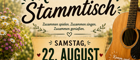 Plakat für ein Musiktreffen am 22. August um 16 Uhr. Es zeigt eine Gitarre, eine Tasse Kaffee und Blumen. Der Text lautet 'Musik verbindet Menschen' und 'Komm vorbei und sei dabei!'.