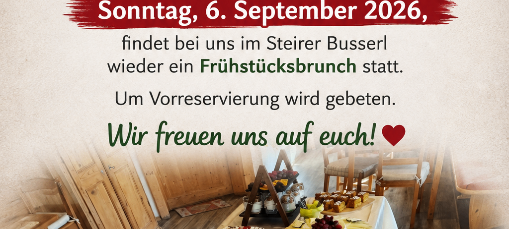 Ein Frühstücksbrunch findet am Sonntag, 6. September 2026, bei Der Bauernladen in Steirer Buserl statt. Ein Tisch voller verschiedener Speisen ist mit Stühlen drumherum aufgestellt.
