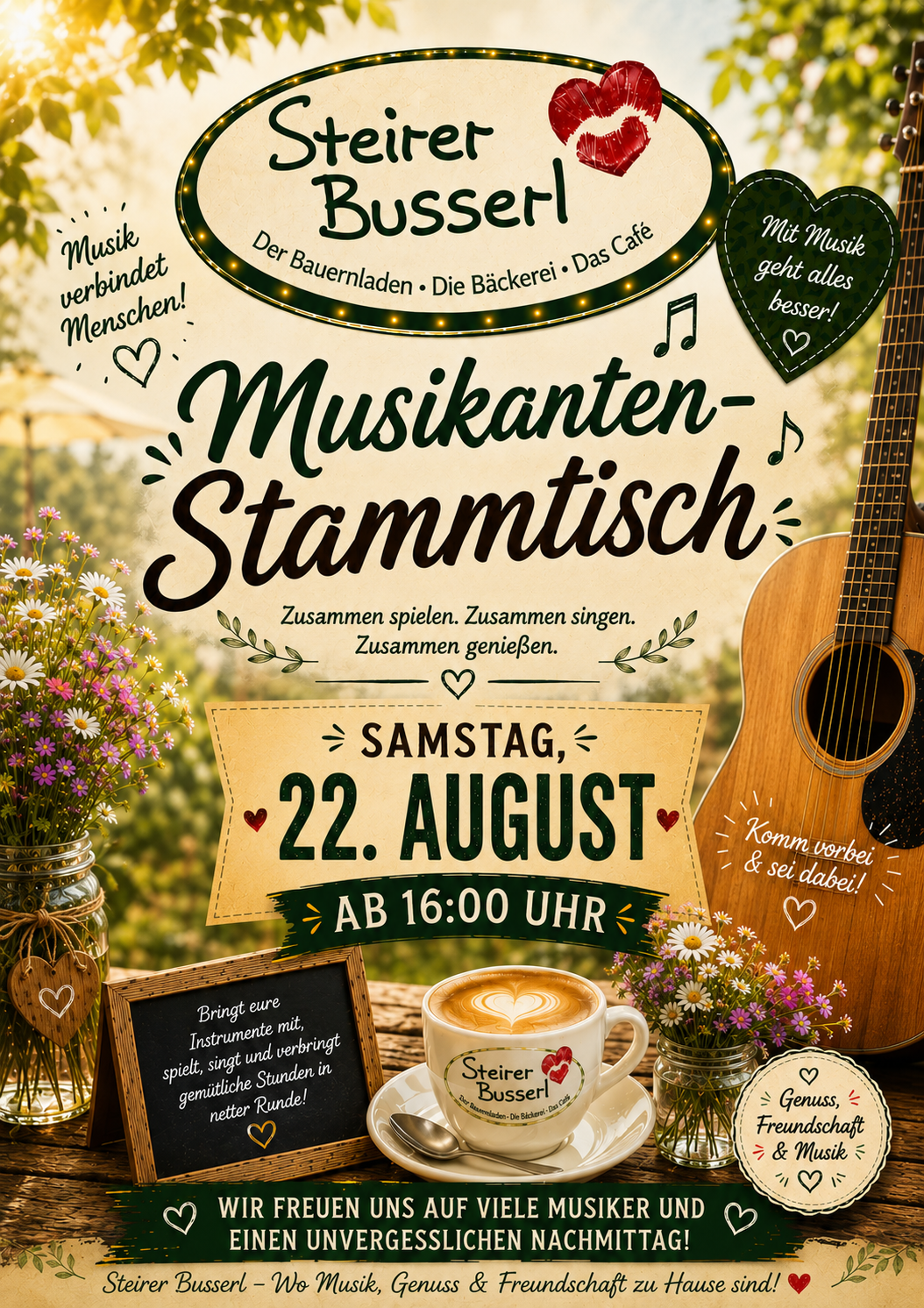 Plakat für ein Musiktreffen bei Bussef, mit einer Gitarre, Blumen und einer Kaffeetasse. Die Veranstaltung findet am Samstag, den 22. August, ab 16:00 Uhr statt. Es ermutigt die Leute, Instrumente mitzubringen und gemeinsam zu spielen und zu singen.