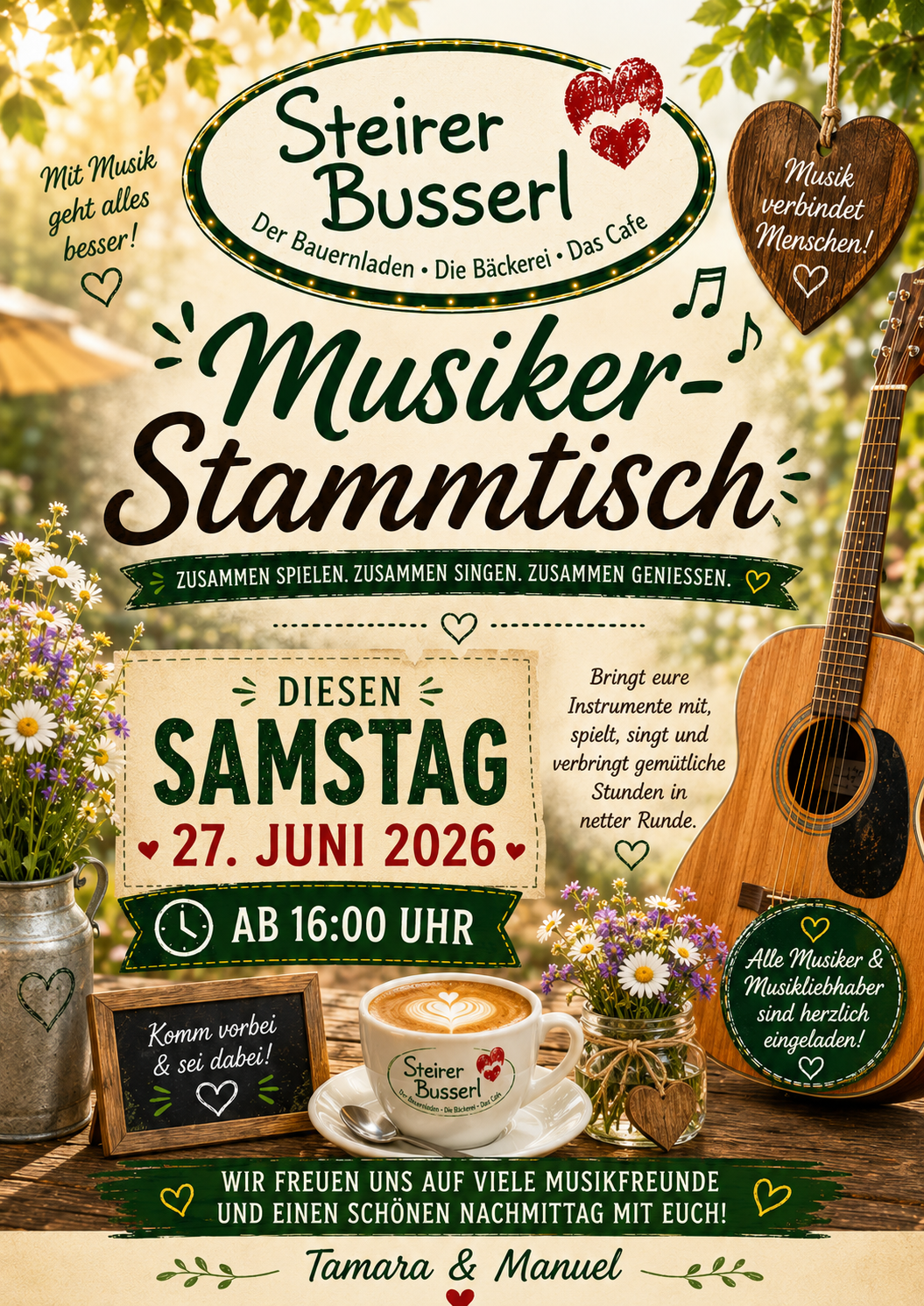 Komm zum Musiker Stammtisch bei Busser am Samstag, 27. Juni 2026, ab 16:00 Uhr. Bring deine Instrumente mit, spiele, singe und genieße in netter Runde.