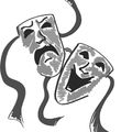 Eine Schwarz-Weiß-Skizze zeigt zwei Theatermasken. Die Maske auf der linken Seite ist traurig, während die auf der rechten Seite fröhlich ist.