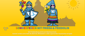 Zwei Ritter in mittelalterlicher Rüstung stehen nebeneinander. Ein Ritter hält eine Blume und einen Schild, während der andere Ritter eine Windmühle hält. Der Hintergrund zeigt eine Burg mit einem gelben Himmel. Der Text lautet 'Sommerferien mit Frieda und Friedol'.