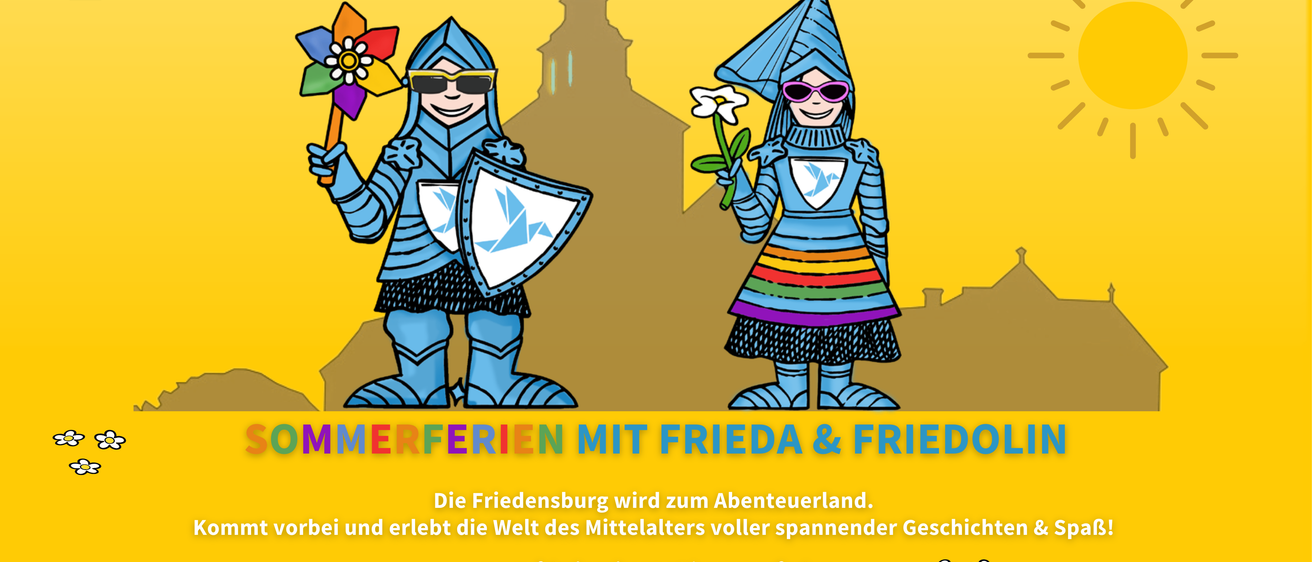 Zwei Ritter in mittelalterlicher Rüstung stehen nebeneinander. Ein Ritter hält eine Blume und einen Schild, während der andere Ritter eine Windmühle hält. Der Hintergrund zeigt eine Burg mit einem gelben Himmel. Der Text lautet 'Sommerferien mit Frieda und Friedol'.
