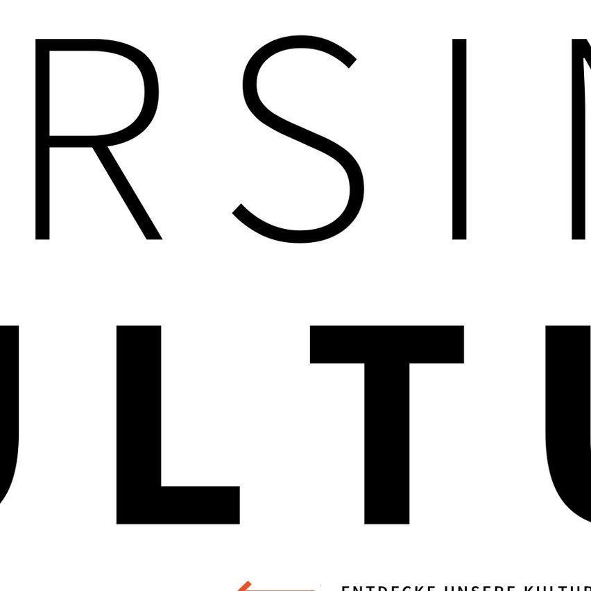 Das Bild zeigt große schwarze Buchstaben, die 'RSIN L TUL' bilden, mit einem roten Pfeil nach rechts, darunter steht der Satz 'ENTDECKE UNSERE KULTURVIEL'.