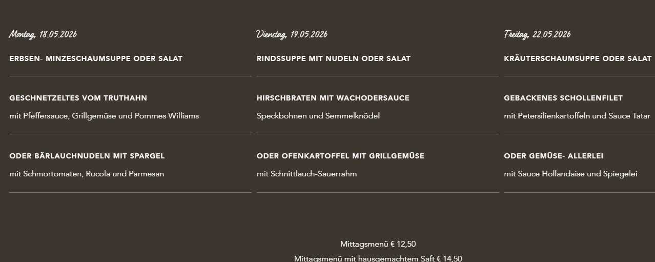A menu on May 19, 2026, offers beef soup with noodles or salad, venison with sauce, and open-faced potato with grilled vegetables. Prices are 12.50 euros for lunch and 14.50 euros for lunch with homemade sauce.