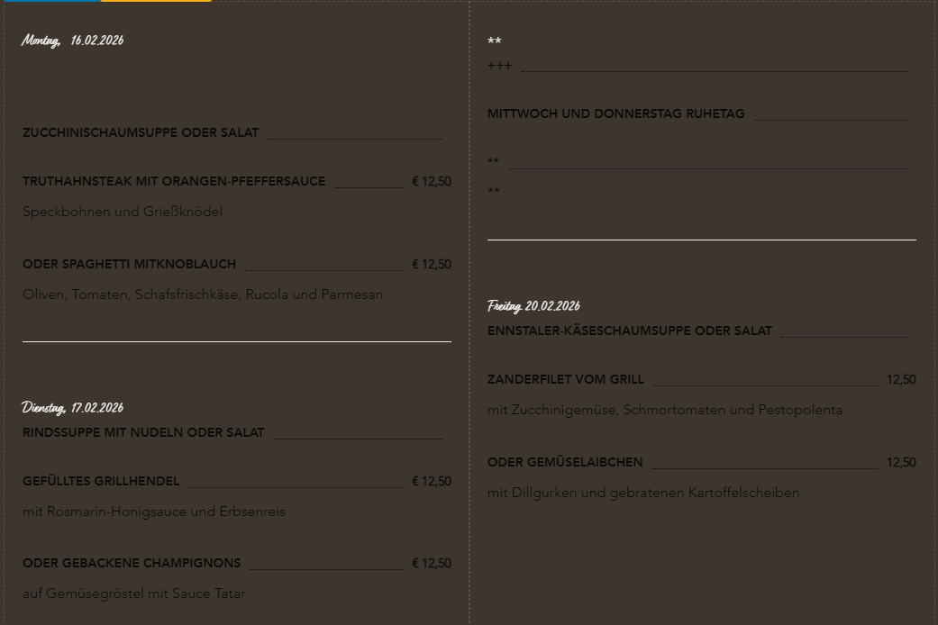 Menu includes soup or salad, gnocchi with orange-pepper sauce, chevre, and parmesan. Other options are gnocchi with gorgonzola, a cheese foam soup or salad, zander fillet from the grill with zucchini, tomatoes, and pesto, or vegetable risotto with dill and roasted potato slices.