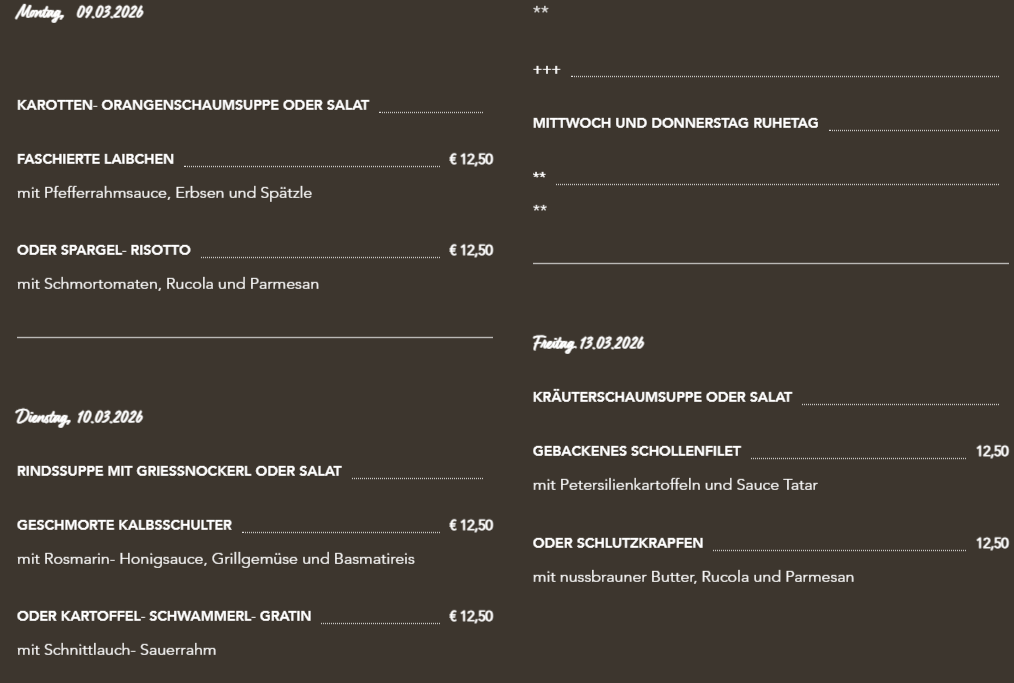 Menu offers soup or salad, risotto, and various main courses with prices. Wednesday and Thursday are rest days. On March 13, 2026, there will be herbal foam soup or salad, roasted shallot, and pasta or bread crumbs.