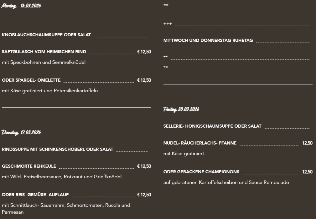 Das Menü bietet Honigschaumsuppe oder Salat, Schnitzel oder Salat, Hähnchen und einen Salat. Die Preise sind mit 12,50 € angegeben. Datum ist Freitag, 20. März 2020.