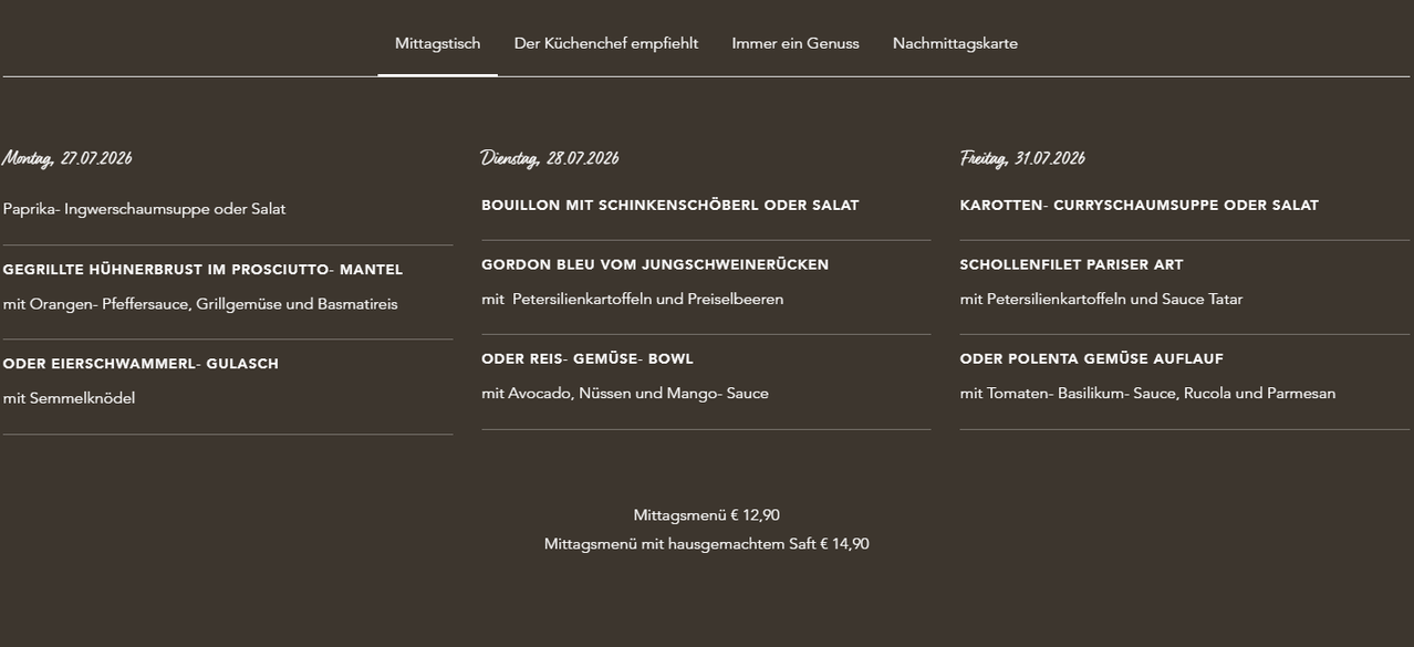 Ein Menü mit verschiedenen Essensoptionen, einschließlich Bouillon, Gordon Bleu und einem Reis-Gemüse-Bowl, mit aufgeführten Preisen.