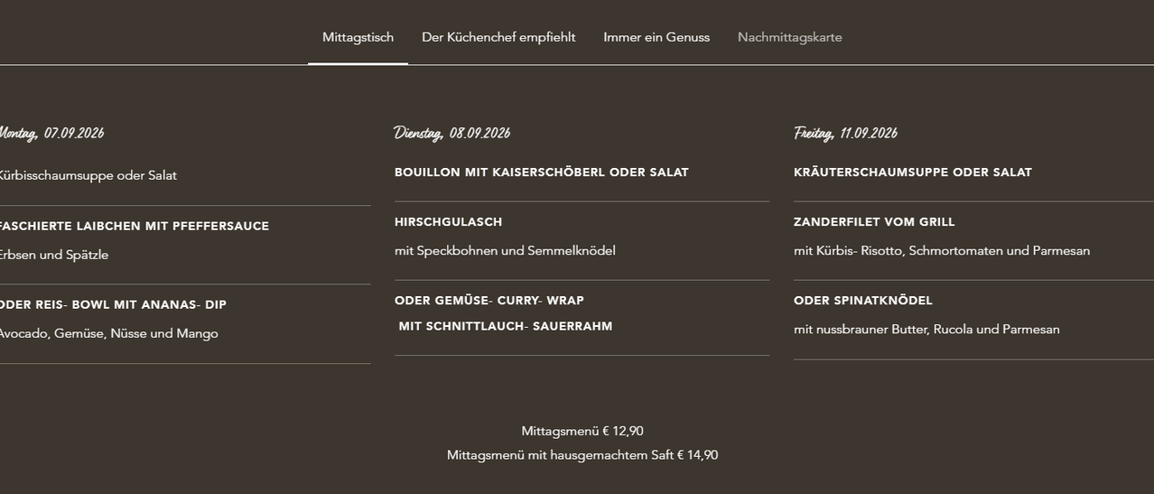 Menu for Thursday, September 8, 2026, featuring Bouillon with Kaiserschoeberl or Salad, Hirschgulasch with Speckbohnen and Semmelknodel, and other dishes. Prices listed for lunch menu.