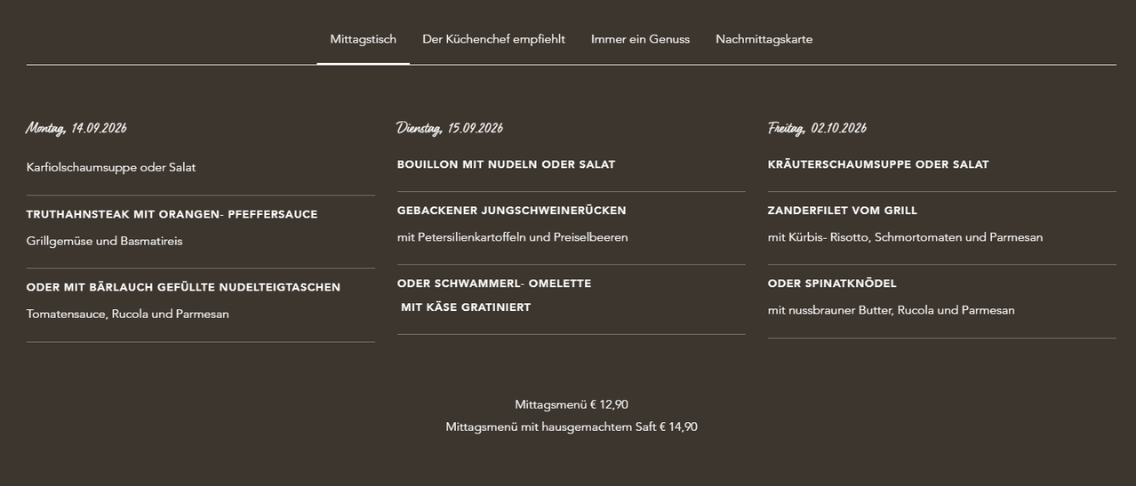 Eine Menüseite mit einer Liste von Gerichten und Preisen, einschließlich 'Bouillon mit Nudeln oder Salat', 'Gebackener Jungsschweinerucken' und 'Zanderfilet mit Kurbis-Risotto'. Das Menü ist für Dienstag, 15.09.2026 und Freitag, 02.10.2026 datiert.