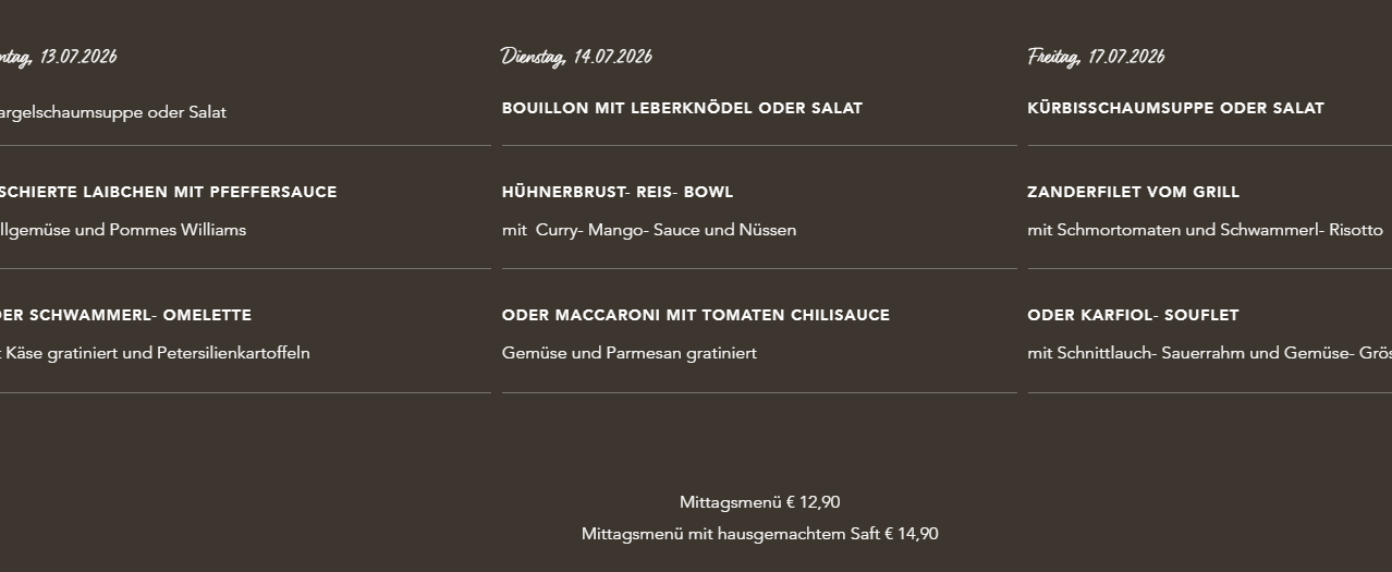 A menu page showing two meal options for Tuesday, July 14, 2026. The first option is Bouillon with liver dumplings or salad, and the second is a chicken breast rice bowl with curry-mango sauce and nuts.