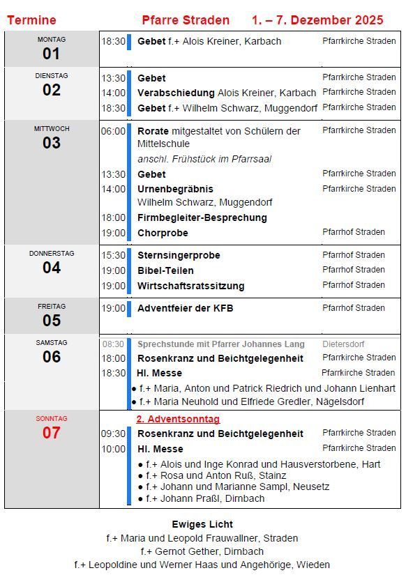 Wöchentlicher Veranstaltungskalender umfasst Gebetsdienste, Verabschiedungen, Schülervorführungen, Versammlungen und Messen zu verschiedenen Zeiten und Orten.