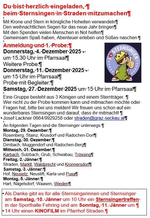 Das Bild enthält Informationen über eine Gruppe, die Weihnachtslieder in den Straßen singt und andere zum Mitsingen einlädt. Es erwähnt die erste Probe am 4. Dezember 2025 und nachfolgende Proben am 11. Dezember 2025 und 27. Dezember 2025. Die Gruppe besteht aus drei Königen und einem Sternträger. Details zur Route und Kontaktinformationen sind angegeben.
