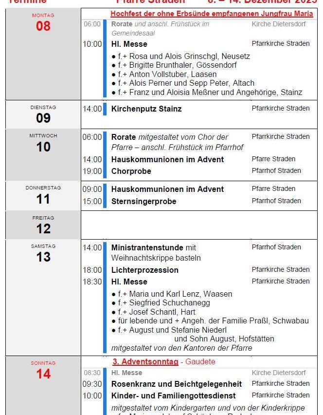 Ein Kirchenplan zeigt verschiedene Veranstaltungen für eine Woche. Montag hat eine Heilige Messe und Chorprobe. Dienstag hat eine Chorprobe und Hauskommunionen im Advent. Mittwoch hat eine Chorprobe. Donnerstag hat eine Chorprobe. Freitag hat eine Chorprobe. Samstag hat eine Chorprobe, Hauskommunionen und eine Lichtprozession. Sonntag hat eine Heilige Messe.