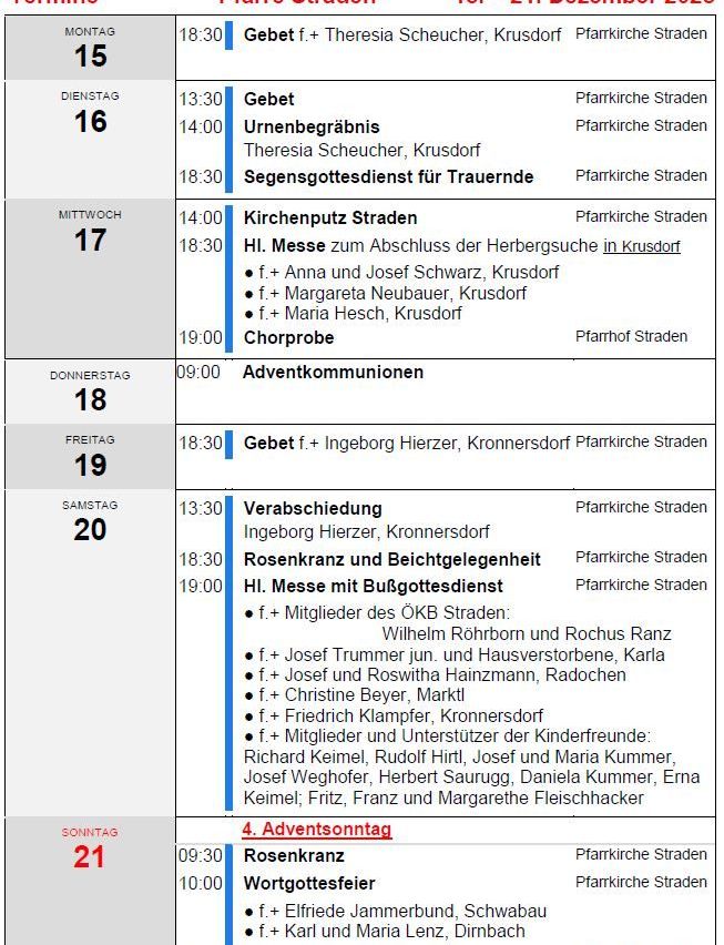 Wöchentlicher Zeitplan für Gottesdienste, einschließlich Gebet, Beichte und Kommunion, mit spezifischen Daten und Zeiten sowie Orten.