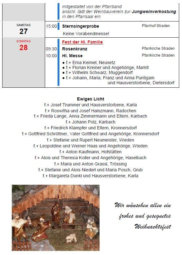 Das Bild enthält einen Zeitplan für zwei Tage. Samstag, 27., hat eine Sternsingerprobe um 15:00. Sonntag, 28., listet einen Rosenkranz um 09:30, eine Heilige Messe um 10:00 und eine 'Ewiges Licht' Zeremonie mit verschiedenen Teilnehmern.