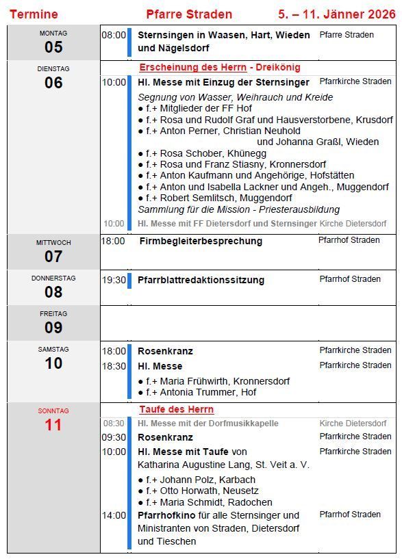 Wöchentlicher Zeitplan für Kirchenveranstaltungen in Deutsch. Beinhaltet Details wie Taufen, Messen und Versammlungen. Datum und Uhrzeiten aufgeführt.