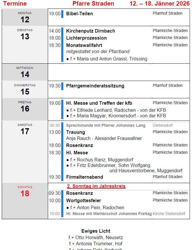 Ein Zeitplan für religiöse Veranstaltungen in Pfarrkirche Straden, einschließlich Gottesdienste, Prozessionen und Treffen, von Mittwoch bis Sonntag. Der Zeitplan listet Zeiten, Orte und spezifische Details für jede Veranstaltung auf.