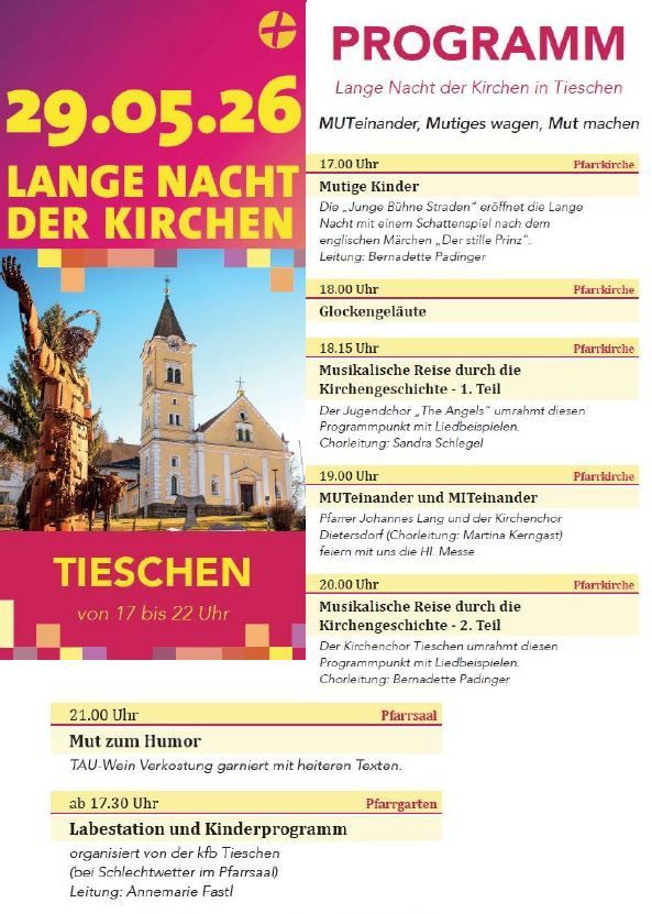 Ein Plakat für die Lange Nacht der Kirchen in Tieschen, geplant für den 29. Mai 2026. Zeigt eine Kirche mit Glockenturm und farbenfrohem Design. Beleuchtet Veranstaltungen von 17:17 Uhr bis 22:00 Uhr.
