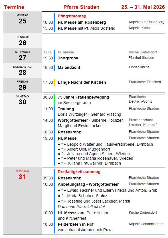 Das Bild zeigt einen Zeitplan für religiöse Veranstaltungen im Monat, einschließlich Datum, Uhrzeit und Ort verschiedener Messen und Ereignisse. Es enthält Informationen über Sonntagsmessen, Chorproben und besondere Zeremonien.