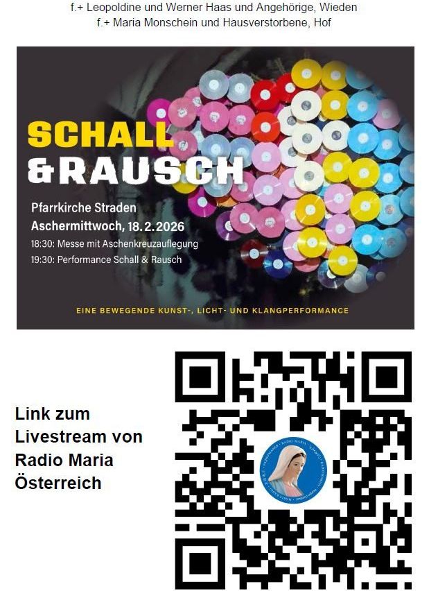 Poster for 'Schaell & Rausch' event at Pfarrkirche Straden on Ash Wednesday. Includes a colorful image of vinyl records and a QR code for Radio Maria Austria's livestream.
