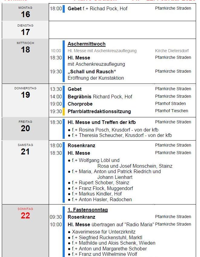 The image is a schedule for religious services in German from Tuesday, 17th to Sunday, 22nd. Each day lists the time, location, and details of the service. It includes masses, burials, choir practices, and other events.
