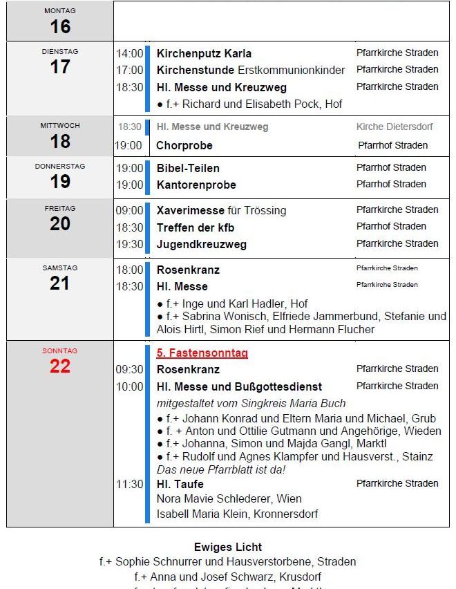Wöchentlicher Kirchenplan mit Daten und Aktivitäten, einschließlich Gottesdienste, Chorproben und Treffen. Jeder Tag listet spezifische Zeiten und Orte auf.