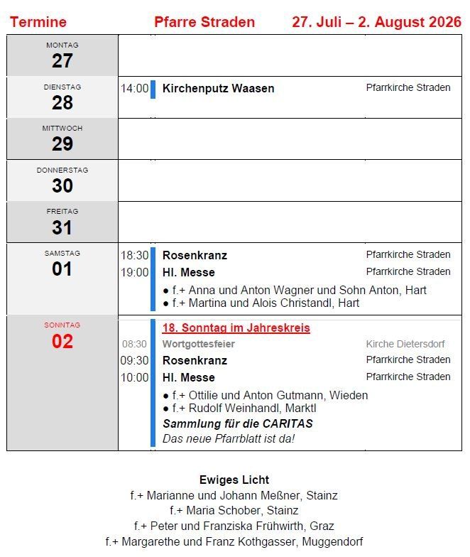 Ein Zeitplan für Kirchenveranstaltungen vom 27. Juli bis 2. August 2026, einschließlich Zeiten, Orten und Namen der teilnehmenden Personen.