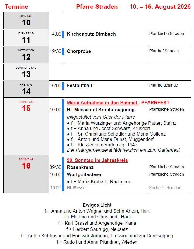 Ein wöchentlicher Zeitplan mit Terminen, Uhrzeiten und Orten. Es enthält Gottesdienste, Chorproben und ein Festival. Der Zeitplan ist auf Deutsch.