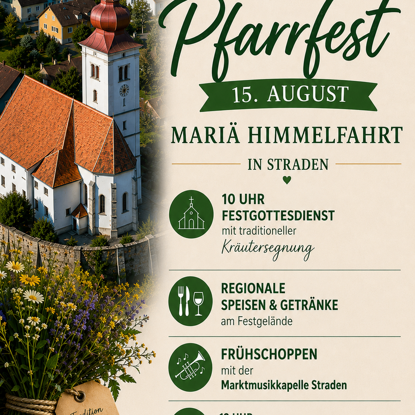 Plakat für die Pfarrfest-Veranstaltung am 15. August mit einer Kirche mit rotem Dach, traditionellem Gottesdienst, regionalem Essen und Getränken und frühmorgendlicher Musik.