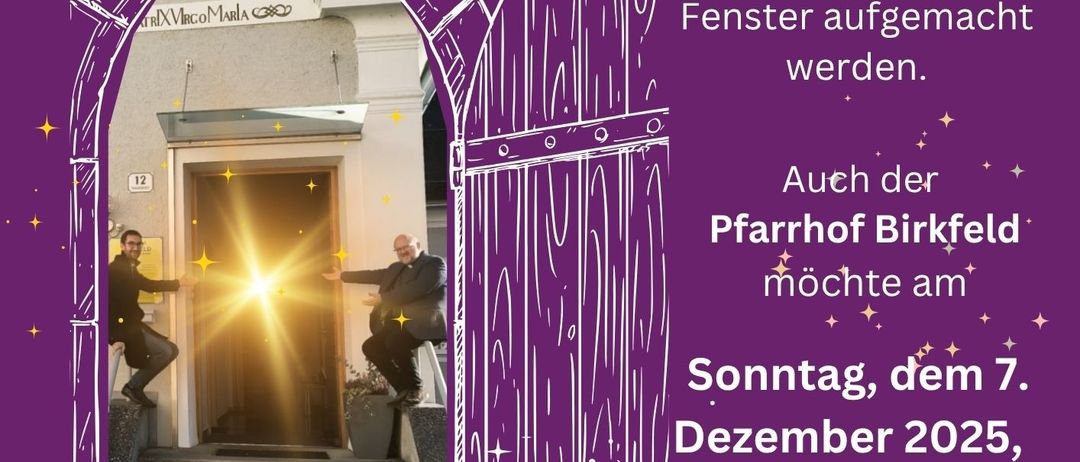 Ein Plakat mit einer offenen Tür, zwei Männern, die an der Tür stehen, und einem leuchtenden Licht. Der Text lautet 'offenen Tur'. Das Datum ist der 7. Dezember 2025.