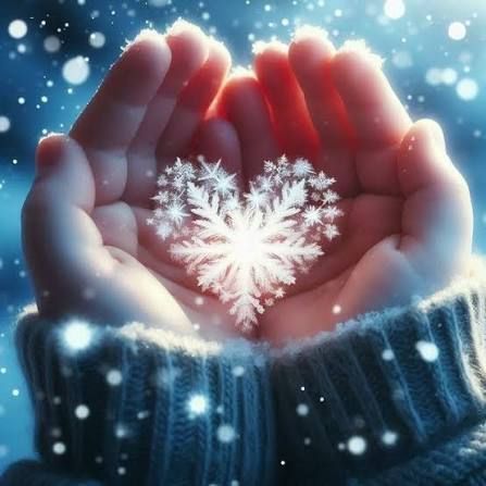 Eine Person in einem Pullover hält eine herzförmige Schneeflocke in einer verschneiten Umgebung in den Händen.