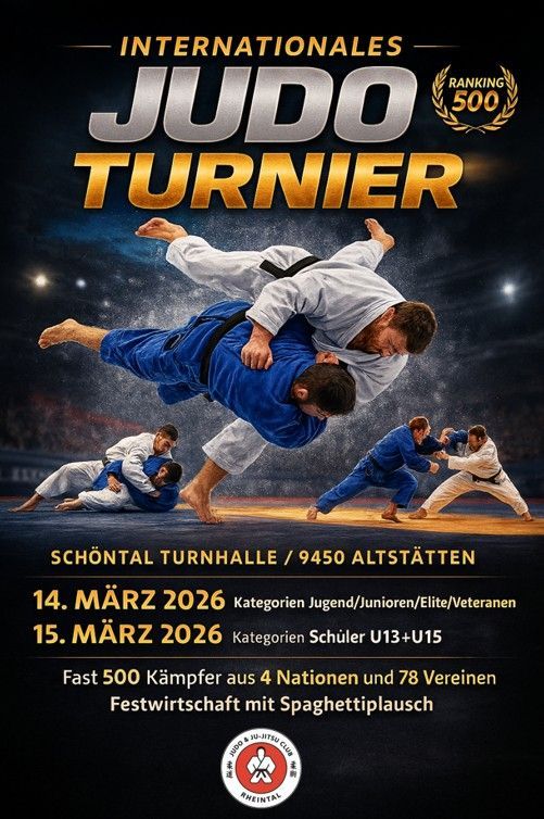 Plakat für ein internationales Judo-Turnier in der Schöntal Turnhalle. Zeigt Kampfkünstler in Aktion, Termine für Jugend, Junioren, Elite und Veteranen am 14. März 2026 und Schulkategorien U13+U15 am 15. März 2026.