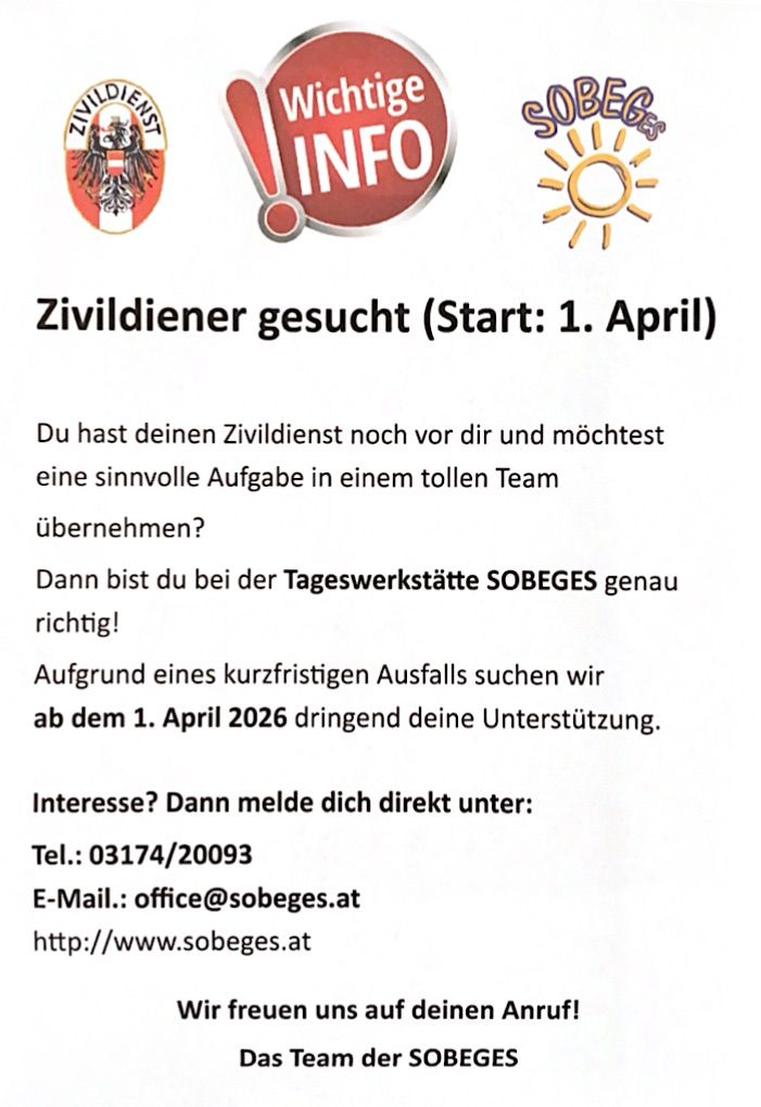 Ein Rekrutierungsposter für Zivildienstleistende wird angezeigt. Es ermutigt Einzelpersonen, sich SOBEGES, einem Tagesarbeitszentrum, ab dem 1. April 2026 anzuschließen. Kontaktdaten werden bereitgestellt.